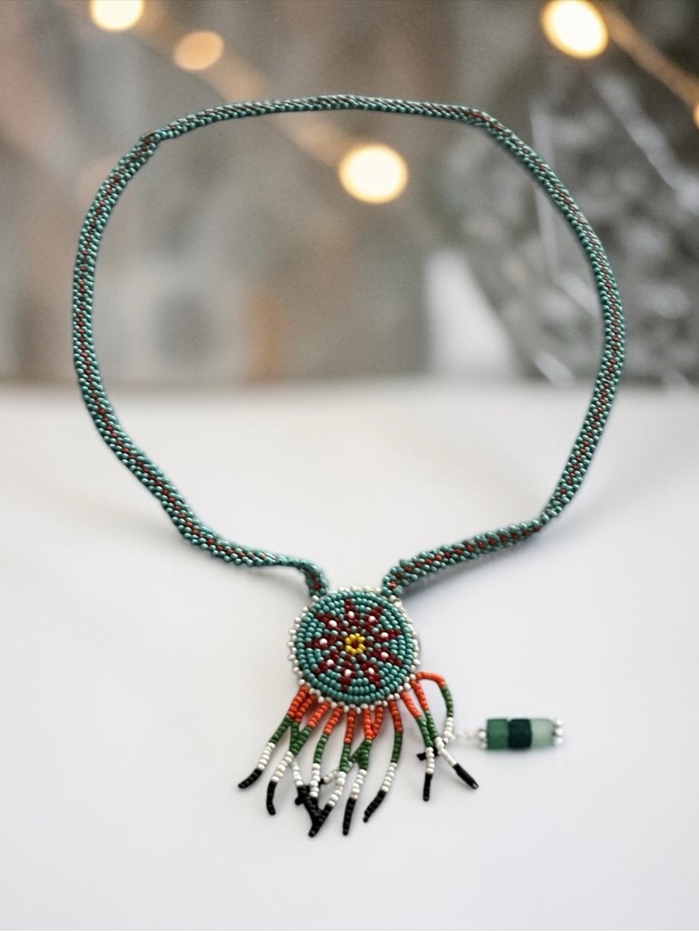 Handmade Turquoise Seed Bead Fringe Necklace - Artisan Women’s Jewelry - Picture 4 of 4